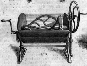 Landwirtschaftliche Maschine: ein mechanischer Teigkneter zur Brotherstellung, präsentiert auf der Landwirtschaftsausstellung 1860 in Paris. Gravur in „Le Monde Illustré“ Nr. 168 vom 30. Juni von French School