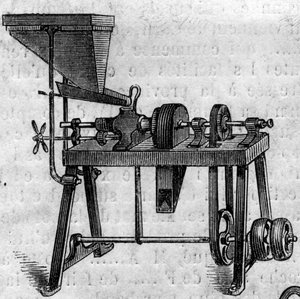 Landwirtschaftsmaschine: eine kleine Mühle auf der Landwirtschaftsausstellung 1860 in Paris. Gravur in „Le Monde Illustré“ Nr. 168 vom 30. Juni 1860 von French School