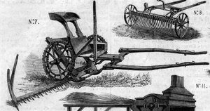 Landmaschine: ein amerikanischer Mähdrescher, präsentiert auf dem Pariser Landwirtschaftswettbewerb 1860. Gravur in „Le Monde Illustré“ Nr. 169 vom 7. Juli 1860. von French School