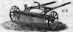 Landwirtschaftsmaschine: ein englischer Pferderechen, präsentiert beim Pariser Landwirtschaftswettbewerb 1860. Gravur in „Le Monde Illustré“ Nr. 16 vom 7. Juli 1860. von French School