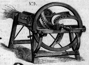 Landwirtschaftsmaschine: eine englische Strohaxt, präsentiert beim Pariser Landwirtschaftswettbewerb 1860. Gravur in „Le Monde Illustré“ Nr. 16 vom 7. Juli 1860.