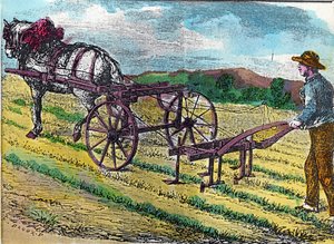 Landwirtschaft: eine der ersten mechanischen Hackmaschinen mit Tierzug, verwendet in einem Rübenfeld von French School