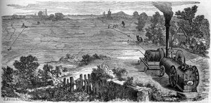 Landwirtschaft: Bauern verwenden eine Dampfmaschine für ihre Kultivierung. Gravur in „Le Monde Illustré“ Nr. 131 vom 15. Oktober 1859.