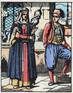 Aladin und seine Mutter leben von ihrer Arbeit. Gravur der Geschichte aus Tausendundeine Nacht „Aladin und die Wunderlampe“. Epinal-Bild, Ende des 19. Jahrhunderts. Private Sammlung.