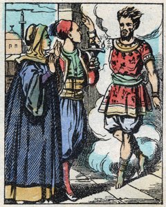 Aladin und seine Mutter reiben die magische Lampe und lassen den Dschinn erscheinen. Gravur der Geschichte aus Tausendundeine Nacht „Aladin und die Wunderlampe“. Epinal-Bild, Ende des 19. Jahrhunderts. Private Sammlung.