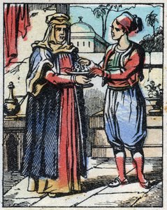 Aladin legt prächtige Diamanten in eine goldene Schale und schickt seine Mutter, um sie dem Sultan anzubieten, um seiner Tochter einen Heiratsantrag zu machen. Gravur aus dem Märchen Tausendundeine Nacht "Aladin und die Wunderlampe". Epinal-Bild, Ende des  von French School