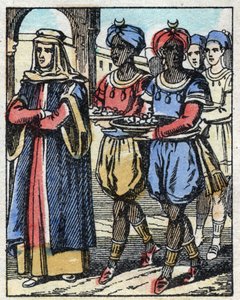 Aladin schickt erneut seine Mutter, begleitet von Sklaven, die Geschenke tragen, um der Tochter des Sultans einen Heiratsantrag zu machen. Gravur aus dem Märchen „Aladin und die Wunderlampe“ aus Tausendundeine Nacht. Epinal-Bild, Ende des 19. Jahrhunderts. von French School