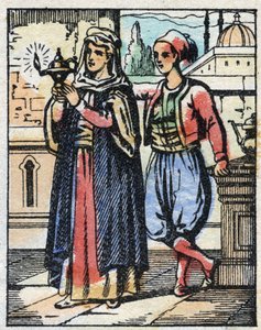 Aladin bringt die Wunderlampe zu seiner Mutter. Stich aus dem Märchen „Aladin und die Wunderlampe“ aus Tausendundeine Nacht. Epinal-Bild, Ende des 19. Jahrhunderts. Private Sammlung. von French School