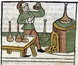 Alchemist - in "Les propriétaires des choses corporelles et spirituelles" (Buch XVIII) von Glanville, Lyon von French School