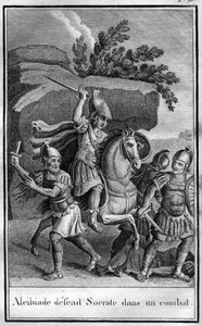 Alkibiades (450-404 v. Chr.), athenischer Staatsmann und Stratege verteidigt Sokrates in einem Kampf. In „Beautés de l