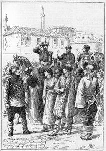 Alexander von Battenberg - Alexander I. von Bulgarien oder Alexander von Battenberg (1857-1893) kommt in Philippopoli an, um die Vereinigung von Rumänien und Bulgarien zu verkünden, In „Die illustre Welt“ von French School