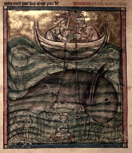 Alexander der Große wird in einem Glaskäfig auf den Meeresboden herabgelassen, aus 