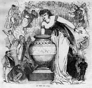 Allegorie des Plebiszits vom 8. Mai 1870, letztes Plebiszit unter dem Zweiten Kaiserreich. Kupferstich von 1870 von French School