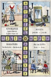 Alphabet und Buchstaben I J K und L, Ignoranz, Spielzeug, Kakadus und Lottospiel. ABC der kleinen Mädchen. Epinaler Bildgebung von French School