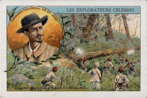 Hinterhalt im afrikanischen Busch während einer Expedition des französischen Entdeckers Frenand Fourreau (1850 - 1914). Chromolithographie des 19. Jahrhunderts von French School