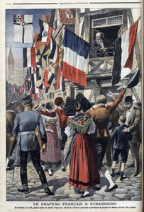 Ein alter französischer Soldat im von Deutschland besetzten Straßburg darf die französische Flagge zeigen - „Le Petit Journal“ vom 20. September 1908 (Gravur)