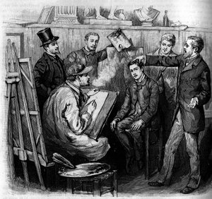 Analyse eines Phrenologen (Phrenologie) an einem Kandidaten in einer Kunstschule in Paris. Gravur im illustrierten Journal „La jeunesse“ von French School