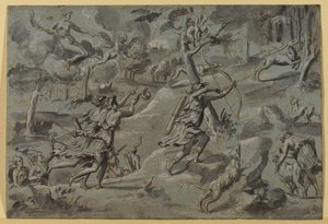 Anonym nach dem Meister des Diana-Wandteppichs, Diane, auf der Jagd mit ihren Gefährtinnen, von Amour Bogenschütze anvisiert, ca. 1590-1600, Grauwaschung