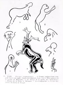 Anthropoide Figuren in prähistorischen Höhlen, aus Les Artistes Préhistoriques von Morin-Jean, 1933 von French School