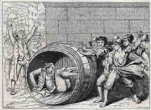 Antisemitische Verfolgung im 17. Jahrhundert: ein Jude wird von Einwohnern Roms in einem Fass gerollt. Illustration aus „Meo Patacca“, Gedicht von Giuseppe Berneri (1637-1700). Gravur von Bocourt.
