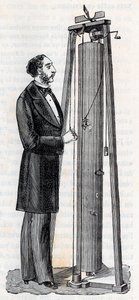 Apparat von Arthur Jules Morin (1795-1880) Apparat zur Untersuchung des freien Falls - Gravur in „Wissenschaften für alle - Populäre Physik und Chemie“ von Alexis Clerc - Ende 19. Jahrhundert - Private Sammlung