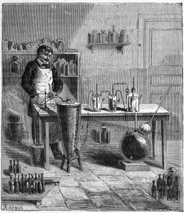 Apparat von Eugene Soubeiran (1797-1858) zur Herstellung von Natron - Gravur in „Sciences à la portée de tous - Physik und Chemie für alle“ von Alexis Clerc - Ende des 19. Jahrhunderts - Private Sammlung.