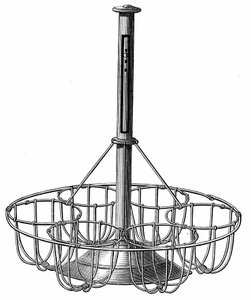 Apparat zum Eierkochen: Die Eier werden in Körben mit einem Halter in der Mitte platziert, in dem sich ein Thermometer befindet, das die Wassertemperatur während des Kochens anzeigt. Gravur in „Le Magasin Picturesque“ von French School