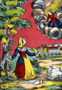 Erscheinung der seligen Jungfrau der heiligen Schwester Benoite, bekannt als die Schäferin von Laus. Bild von Epinal, erste Hälfte des 19. Jahrhunderts von French School