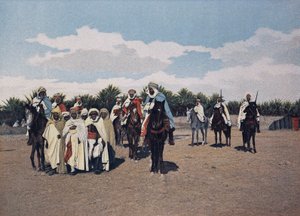 Arabische Gefangene: Ein Konvoi arabischer Gefangener wird vor dem Agha unter der Eskorte von Dairen, kommandiert von einem Spahi, geführt - in „Militäralbum“ - Spahis