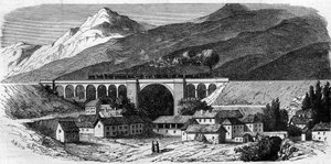 Architektur: Blick auf das Viadukt von Bellegarde (Rhone Alpes) an der Eisenbahnlinie, die Lyon mit Genf verbindet. 1858. Gravur in „Le Monde Illustré“ Nr. 49 vom 20. März 1858. von French School