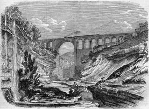 Architektur: Ansicht des Valserine-Viadukts (Rhône-Alpes) auf der Eisenbahnstrecke Lyon-Genf. 1858. Gravur in „Le Monde Illustré“ Nr. 48 vom 13. März 1858.