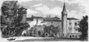 Architektur: Ansicht des Schlosses von Saint Point (Saint-Point) (13. Jahrhundert), Residenz von Alphonse de Lamartine. Saône-et-Loire (71). Gravur in „Le Monde Illustré“ Nr. 29 vom 31. Oktober 1857.