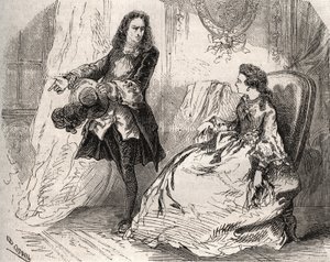 Armande Bejart (1641-1700), Ehefrau von Jean Baptiste Poquelin genannt Moliere (1622-1673) mit ihrem Liebhaber, dem Grafen von Guiche, Gravur von 1871 in „Histoire Des Cocus Celebres“ von Henry de Kock (1819-1892) von French School