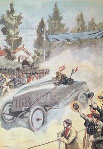 Ankunft des Siegers des Rennens Paris-Madrid in Bordeaux, aus Le Petit Journal, 1903 von French School