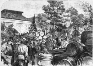 Ankunft der ersten Fässer Süßwein im Lagerhaus von Bercy. Paris von French School