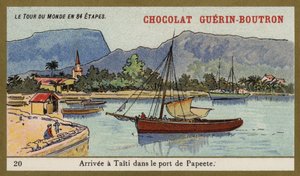 Ankunft im Hafen von Papeete, Tahiti (Chromolithografie) von French School