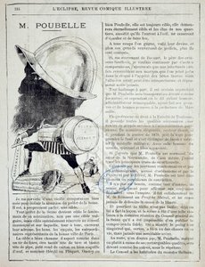 Artikel und Karikatur über Eugène Poubelle (1831-1907), Präfekt der Seine und Erfinder der Mülltonnen im Jahr 1884. 10.04.1885. Paris, Polizeipräfektur