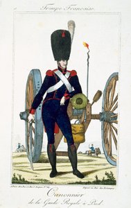 Artillerist der Königlichen Garde mit einer Kanone, aus Troupes Francaises, veröffentlicht bei Basset, Paris, um 1790 von French School
