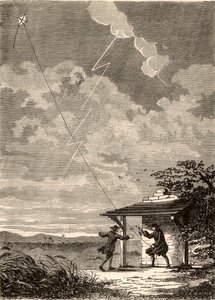 Künstlerische Darstellung von Benjamin Franklins Untersuchung der elektrischen Natur des Blitzes, aus 