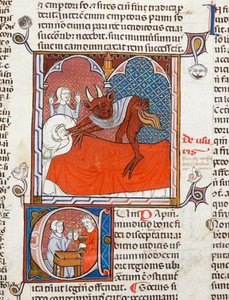 Ein Teufel oder Dämon auf dem Bett einer toten Person, Illustration aus Digestum Vetus mit gloss ordinaria, von Justinian, ca. 1300-10