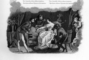 Asmodee. Eine schöne junge Frau in einem Wohnzimmer, umworben von drei Bewerbern, darunter ein Dandy und ein Soldat. Gravur in „Chants et chansons populaires de la France“, Band 2