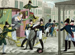 Ermordung von Charles-Ferdinand von Frankreich (1778-1820), Herzog von Berry, durch Louis Louvel, vor dem Opernhaus in der Rue de Richelieu