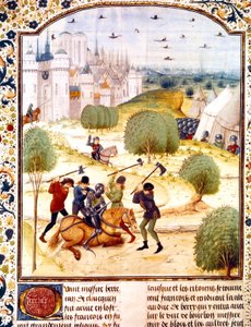 Ermordung eines englischen Ritters außerhalb von Paris im Jahr 1437 (Hundertjähriger Krieg), Illustration aus den Chroniken von England, geschrieben von Jean de Wavrin