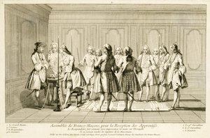 Versammlung der Freimaurer zur Einweihung eines Lehrlings, aus Die Zeremonien der Religion und des Brauchtums, um 1733