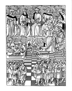 Versammlung der Vorsteher der Kaufleute von Paris, nach einem Holzschnitt in Ordannances Royaux de la Jurisdiction de la Prevote de Marchands et Eschevinage de la Ville de Paris von Jacques Nyverd von French School