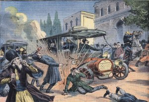 Attentat auf den Schah von Persien Mohammad Ali Shah Qajar (1872-1925). Gravur aus der Zeitung 