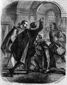 Attentatsversuch von Jean Chastel (1575-1594) auf den König von Frankreich Heinrich IV. am 27. Dezember 1594. Gravur des 19. Jahrhunderts.