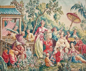 Aubusson-Karton für einen Wandteppich mit Figuren in einem orientalischen Garten