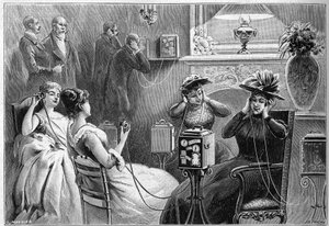 Audition des Theatrophones (Theaterauditionen zu Hause) im Salon eines Grand Hotels in Paris im Jahr 1892. von French School