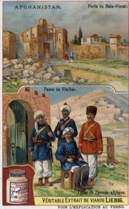 Bala-Hissar-Tor in Afghanistan und Soldaten der afghanischen Armee am Khaiber-Pass. Werbechromolithographie des 19. Jahrhunderts